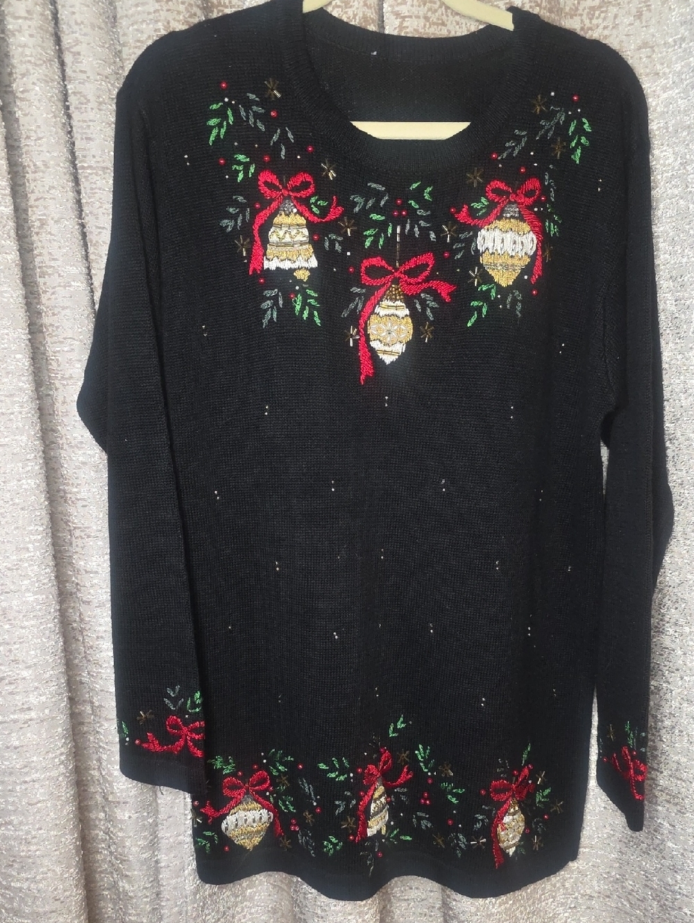 Black Vintage Holiday Ornament Sweater with Red Bows